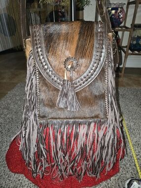 Fringed Brown Leather & Haircalf Crossbody Bag By Bella Renelli EUC
